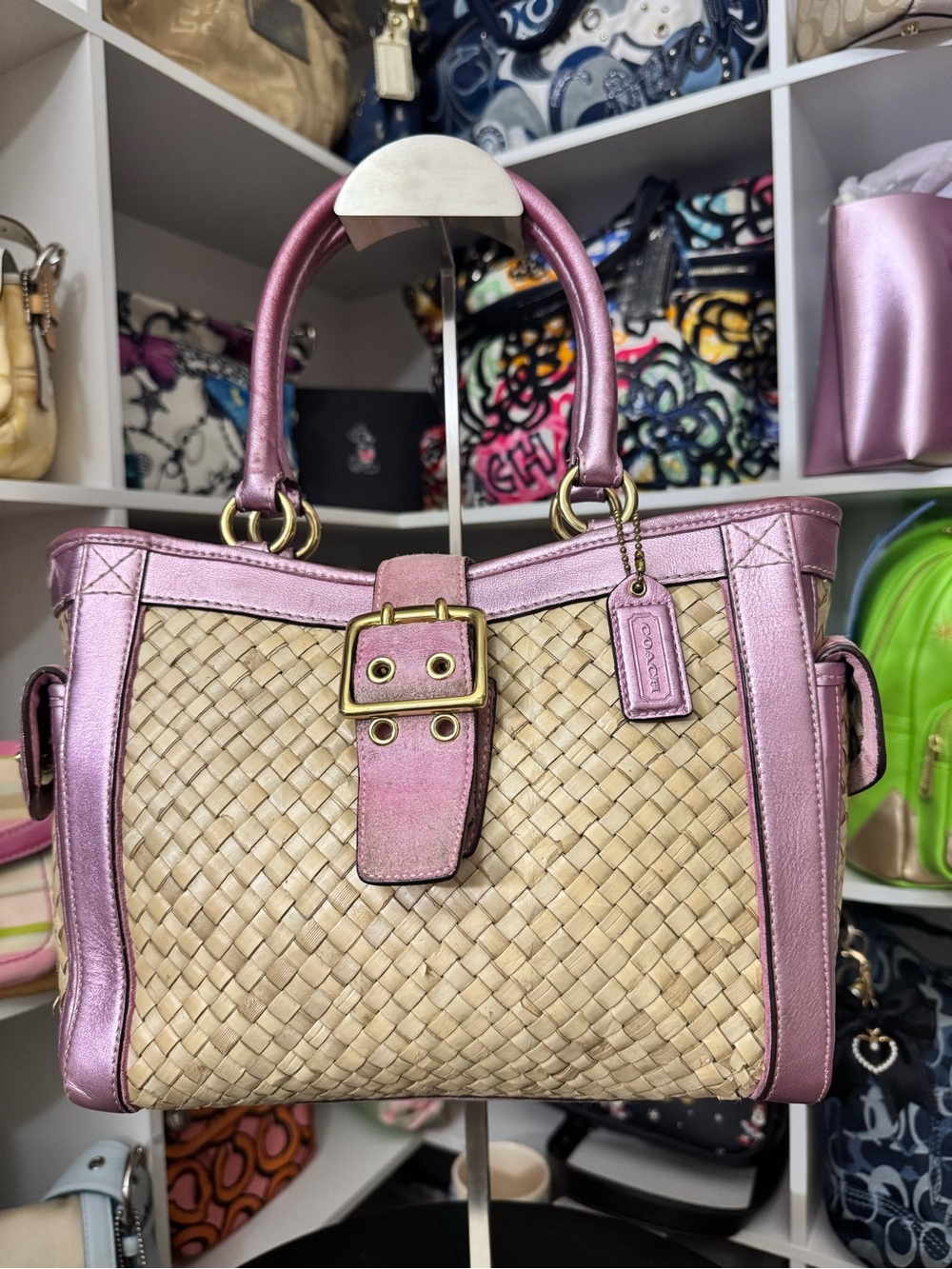 Coach Vintage Pink Metallic-Trim Hampton Woven Straw Tote Bag